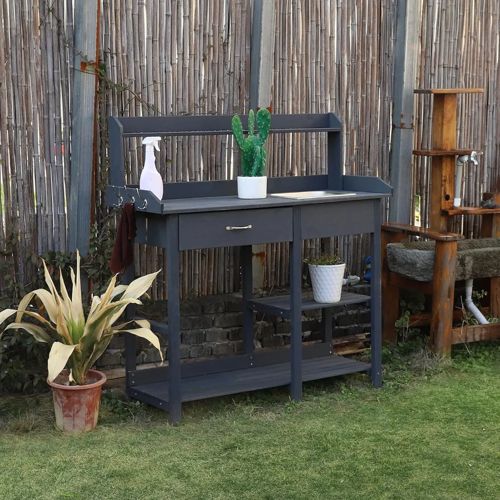 Potting Bench Garden Table for Outdoors with Removable Stainless Sink, Planting Work Bench with Storage Shelves and Drawer, Grey