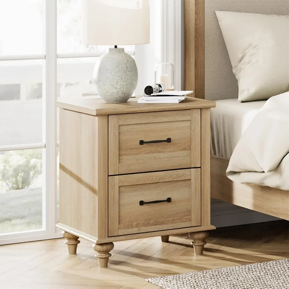 

Nightstand Side Table with Charging Station, Light Wood End Table for Living Room, Farmhouse Night Stand Bedside Table