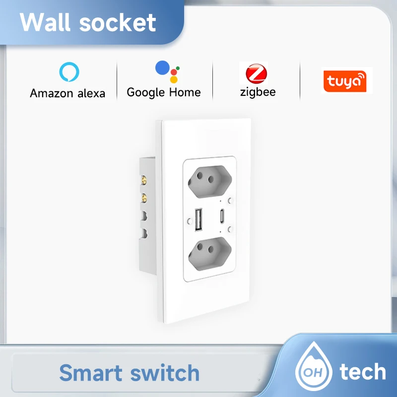 

Tuya Brazil WIFI /ZIGBEE Wall Switch Socket 10A Brasil Smart Switch Outlet Plugs USB with Type C USB Port for Alexa Google Home