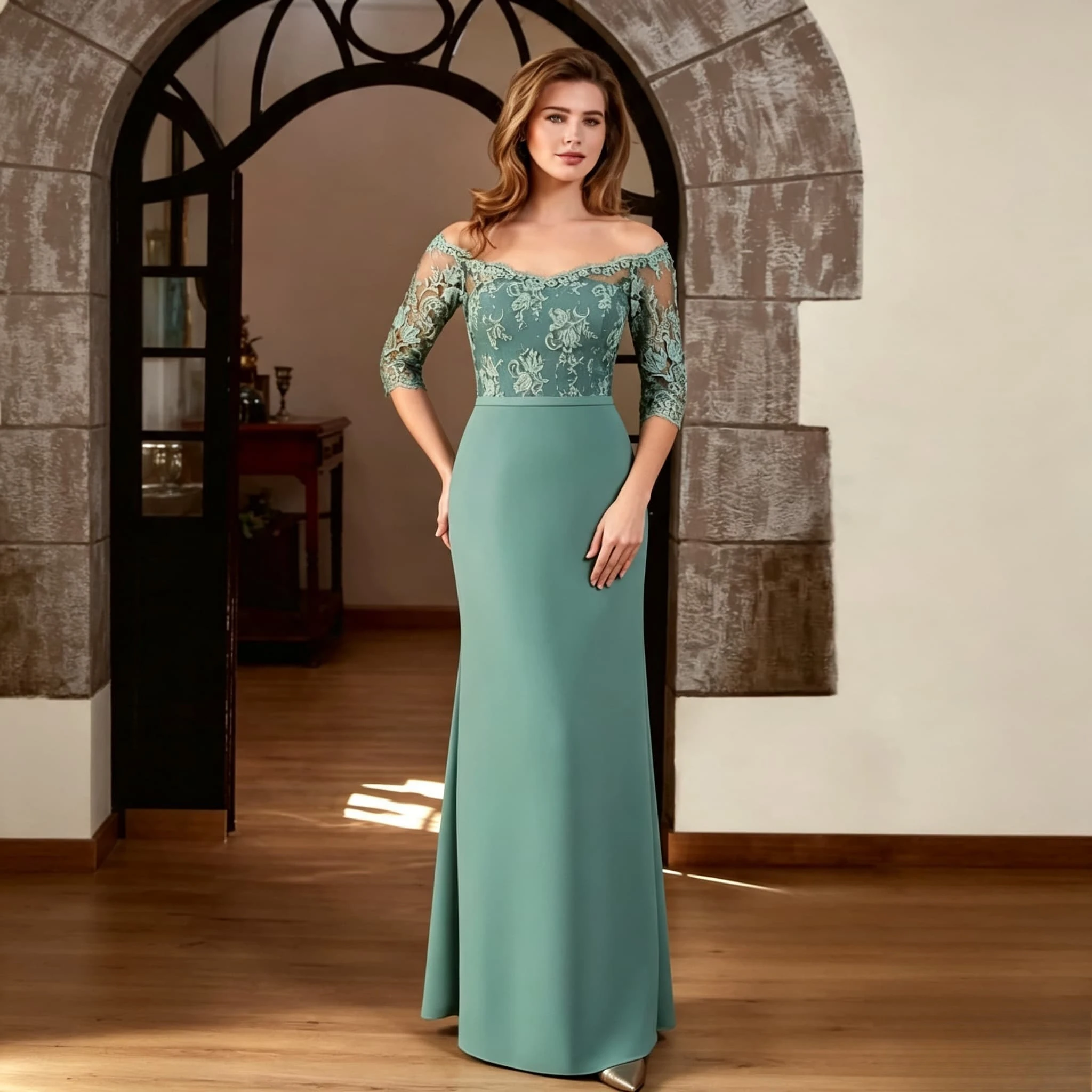 Customized Green Mermaid Mother of the Bride Dress Off Shoulder 3/4 Sleeve Floral Lace Crepe Floor Length Formal Occasion Gown