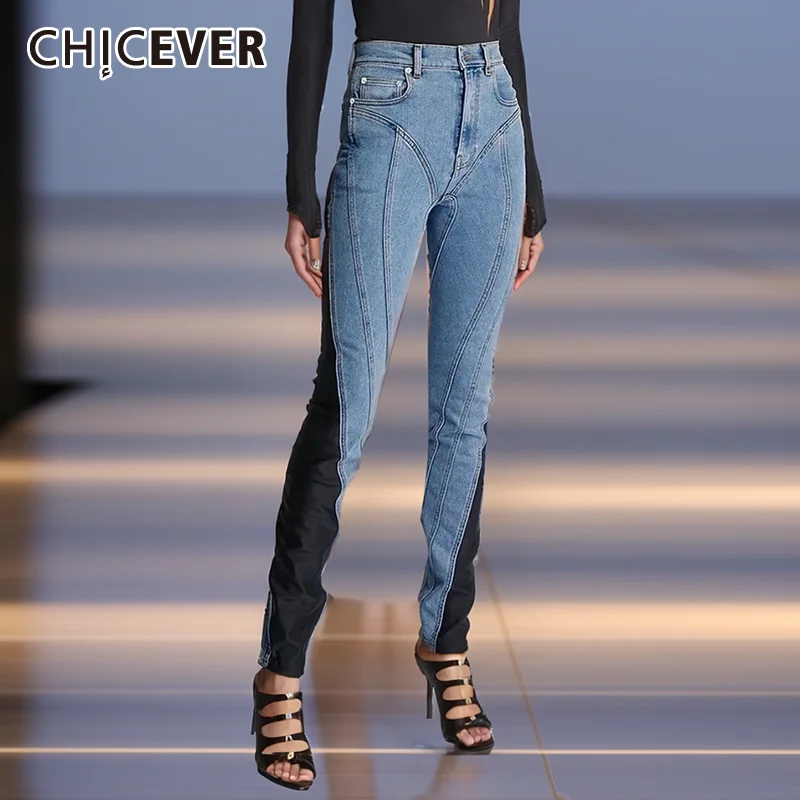 CHICEVER Patchwork Pocket Pencil Pant Dla Kobiet Wysoka Talia Spliced Zipper Colorblock Modne Spodnie Dżinsowe Damskie Odzież Letnia