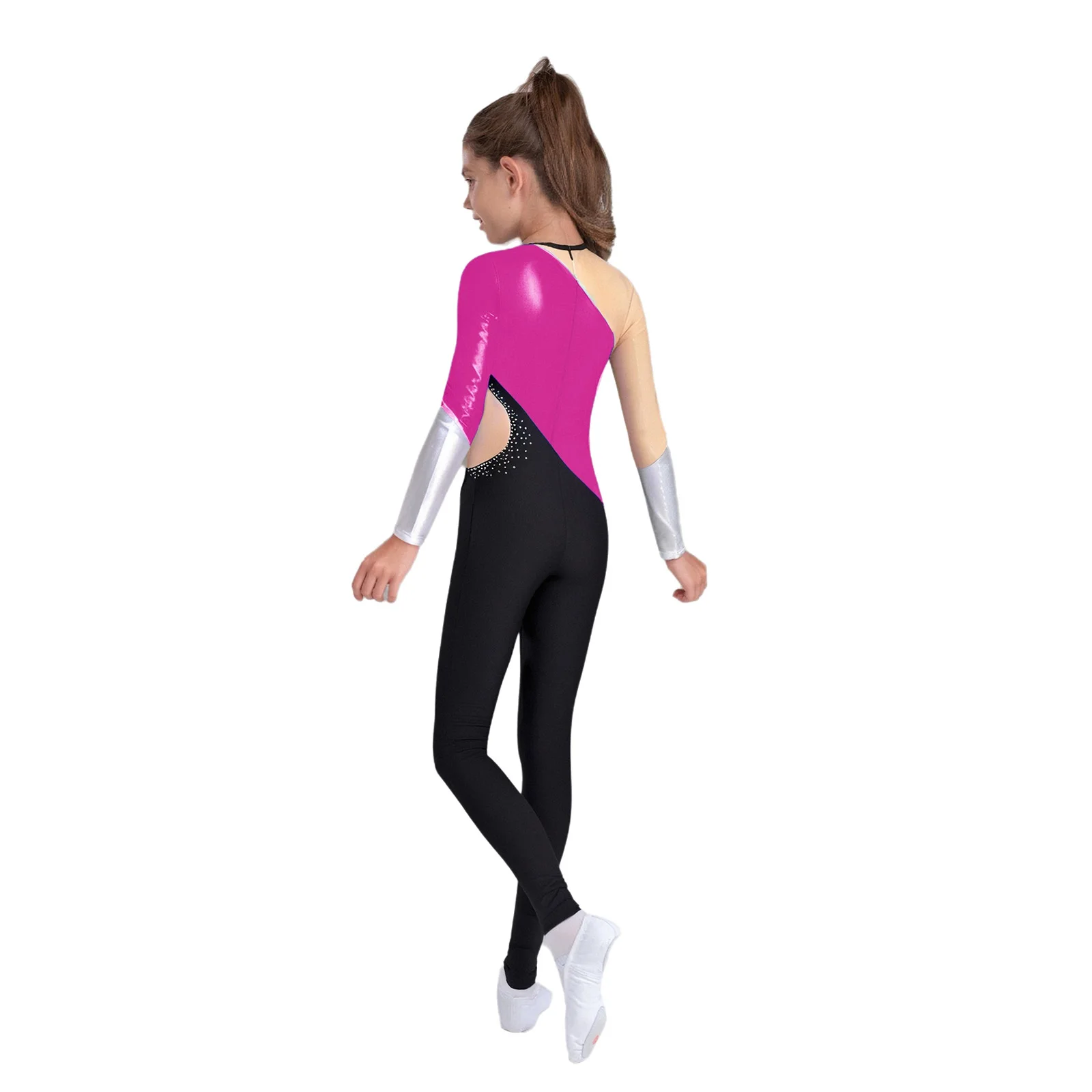 Meisjes metallic kleurblok gymnastiek jumpsuit ronde hals bodysuit met lange mouwen voor kunstschaatsen dansvoorstelling competitie