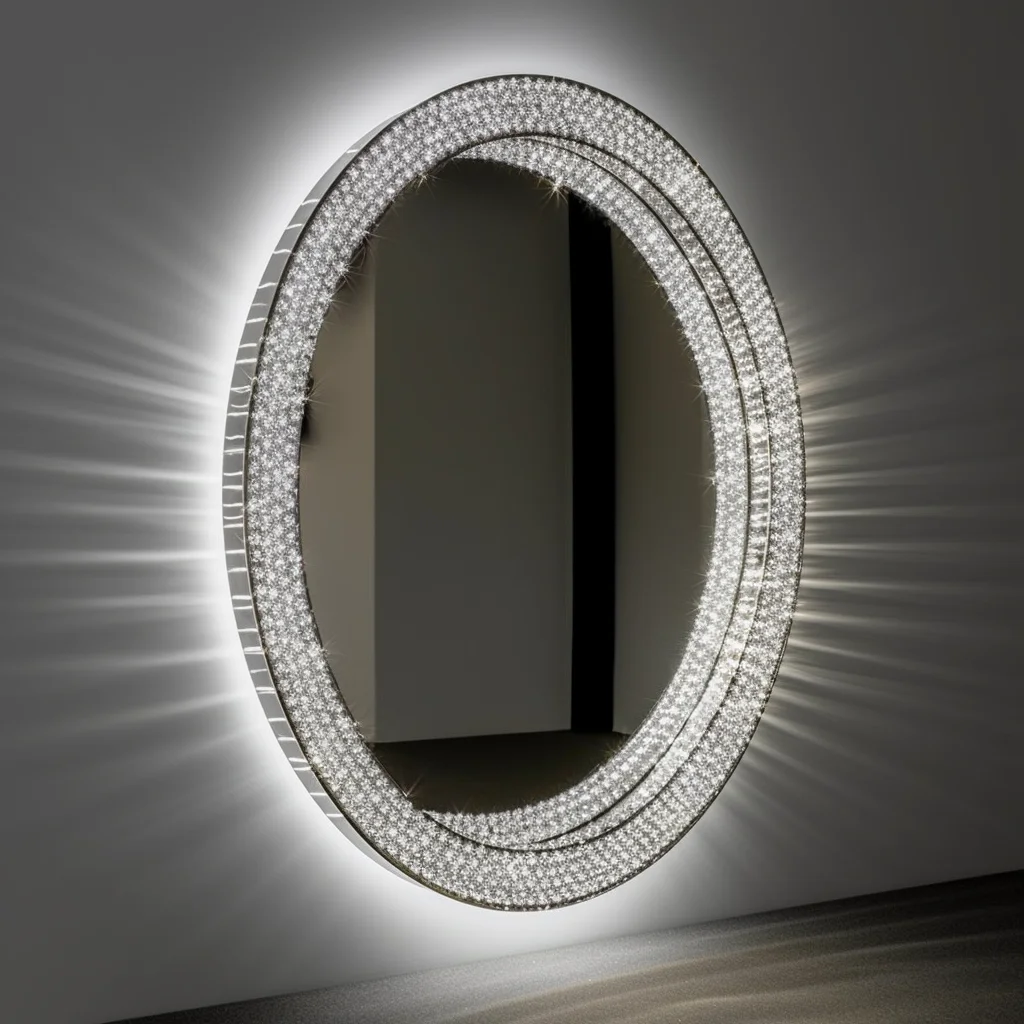 Oval Light Emitting Diode Bathroom Mirror Waterproof Crystal Makeup Mirror with Frame Lighting Decorative Makeup Mirror
