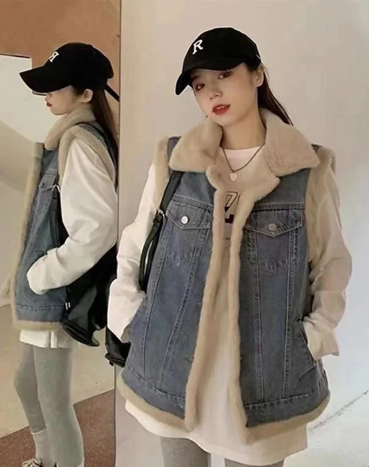 

Women's Sherril Lined Denim VestWinterThickened Puffer Sleeveless Coat Oversized Korean Style Jacket