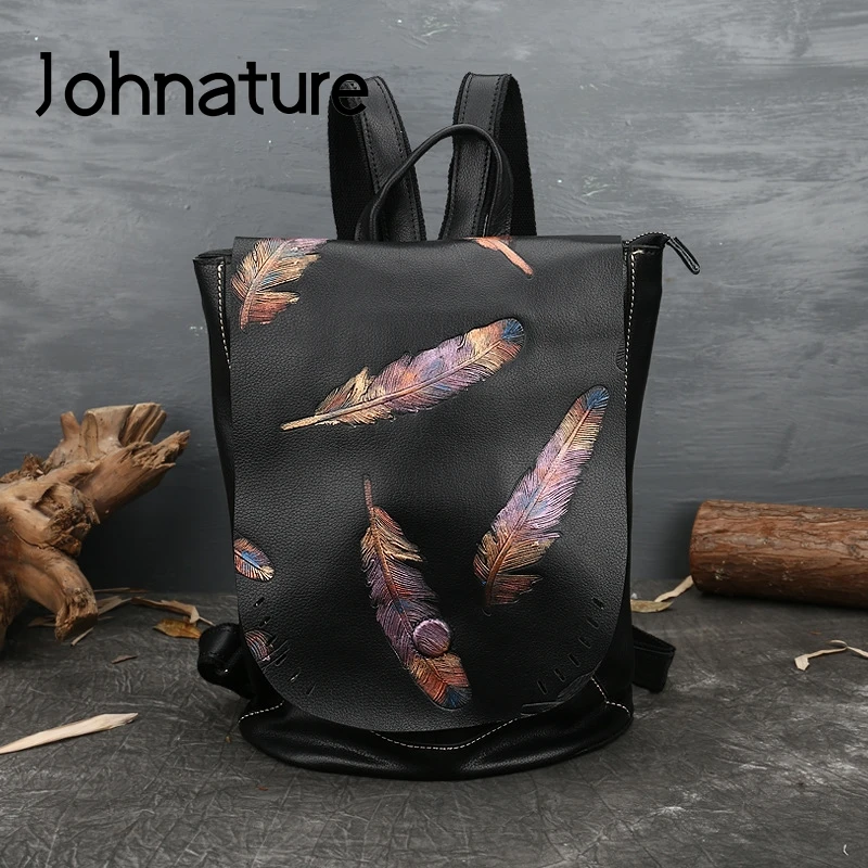 Johnature 2024 Nuovo Retro In Rilievo Primo Strato di Pelle di Mucca Zaino Per Il Tempo Libero di Grande Capacità Borsa Da Donna Zaini Da Viaggio di