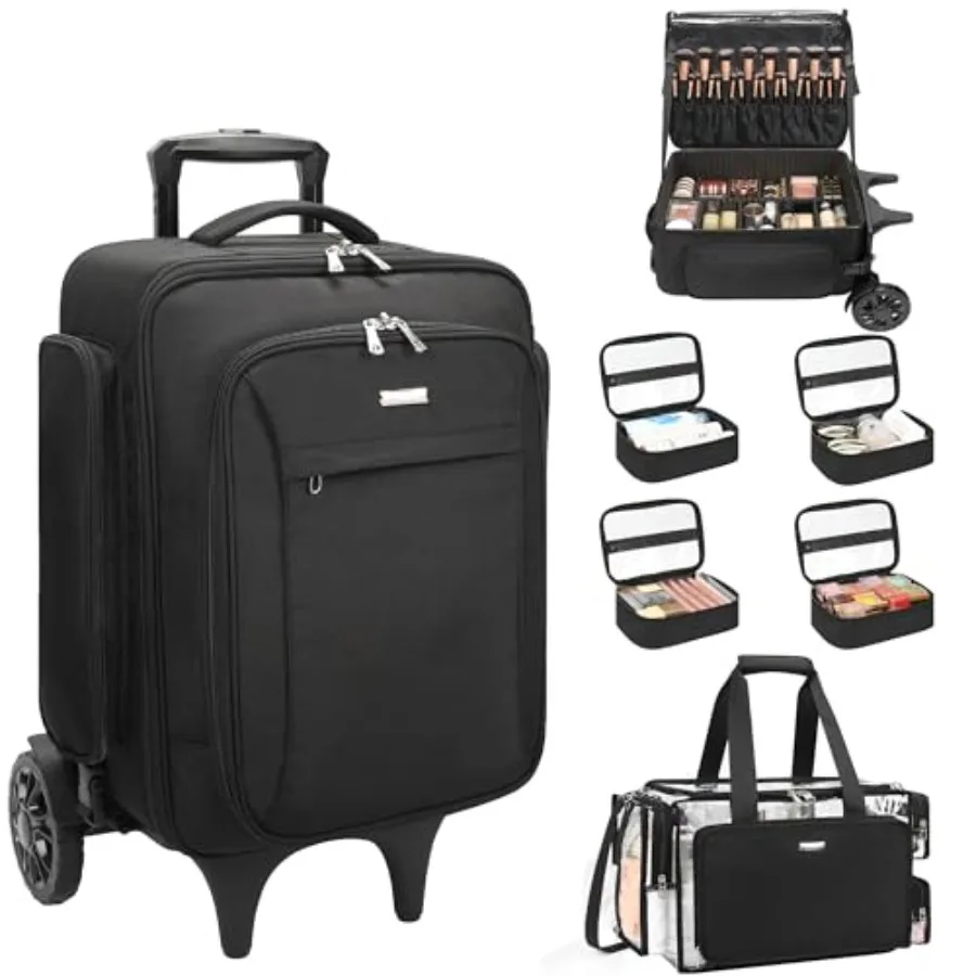 

Кейс для косметики на колесах с большими прозрачными сумками для макияжа, 2 больших колеса, профессиональный запираемый рюкзак для визажиста с регулируемыми разделителями