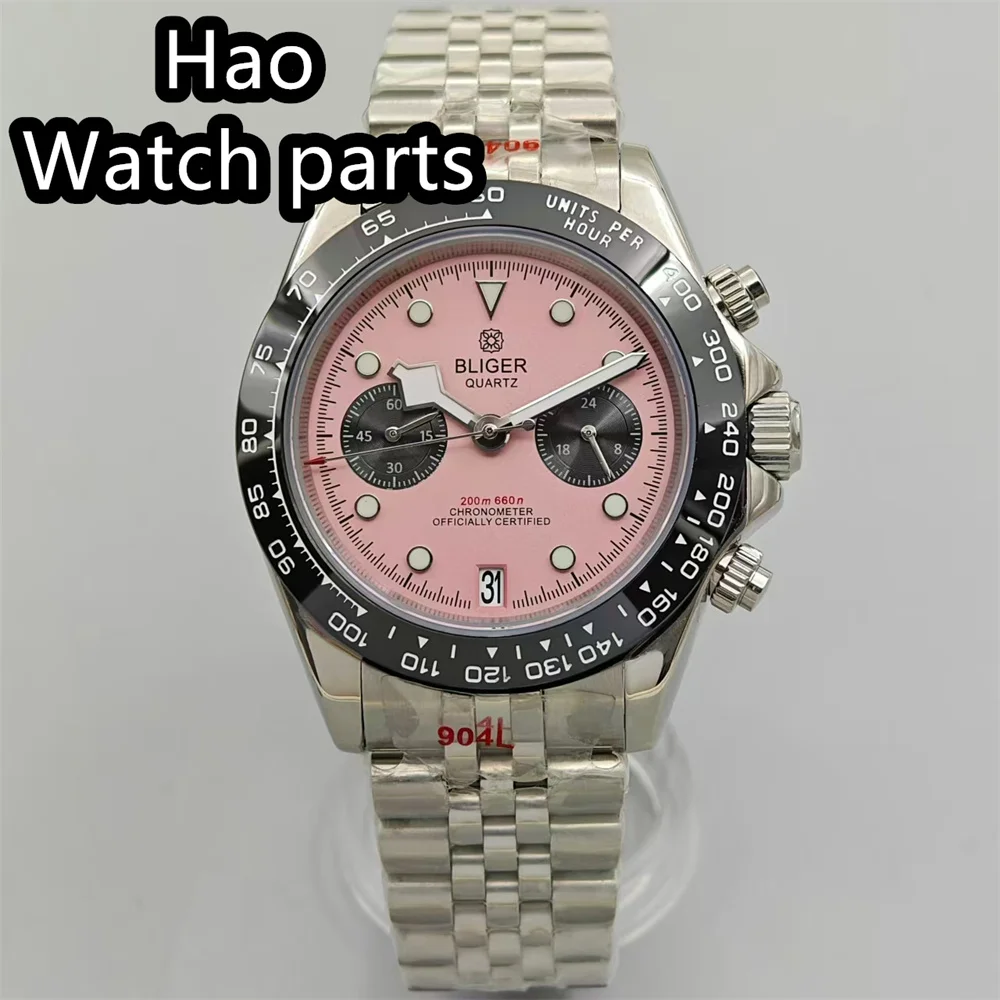 BLIGER 39mm Pink Dial VK64 Moon Quartz Chronograph Watch For Men With 5 Hands 6 O'clock Date Waterproof Sapphire Crystal