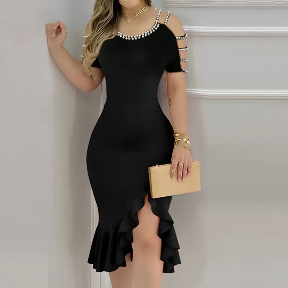 Summer Bodycon Dress Women's Fashion Sexy Ruffled Slit Pearl Hollow Out Sleeve Black Boho Dresses For Women Prom Vestidos New