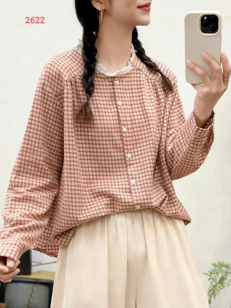 Japanese Mori Girl Vintage Plaid Shirts Women Autumn New Lace Stand Collar Long Sleeve Casual Loose Blouse Tops