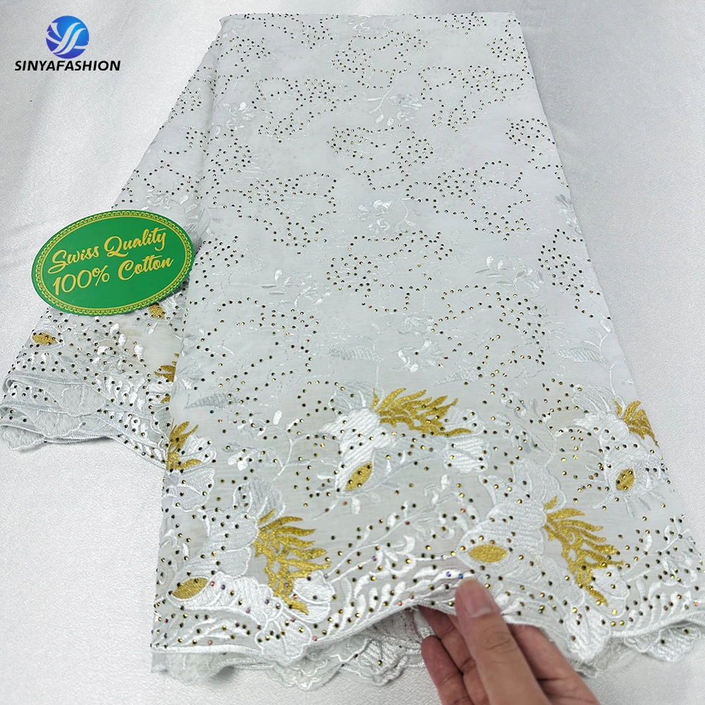 

Fully Rhinestones African Lace Fabric High Quality Cotton Lace Embroidery Swiss Voile Lace In Switzerland For Women Dress