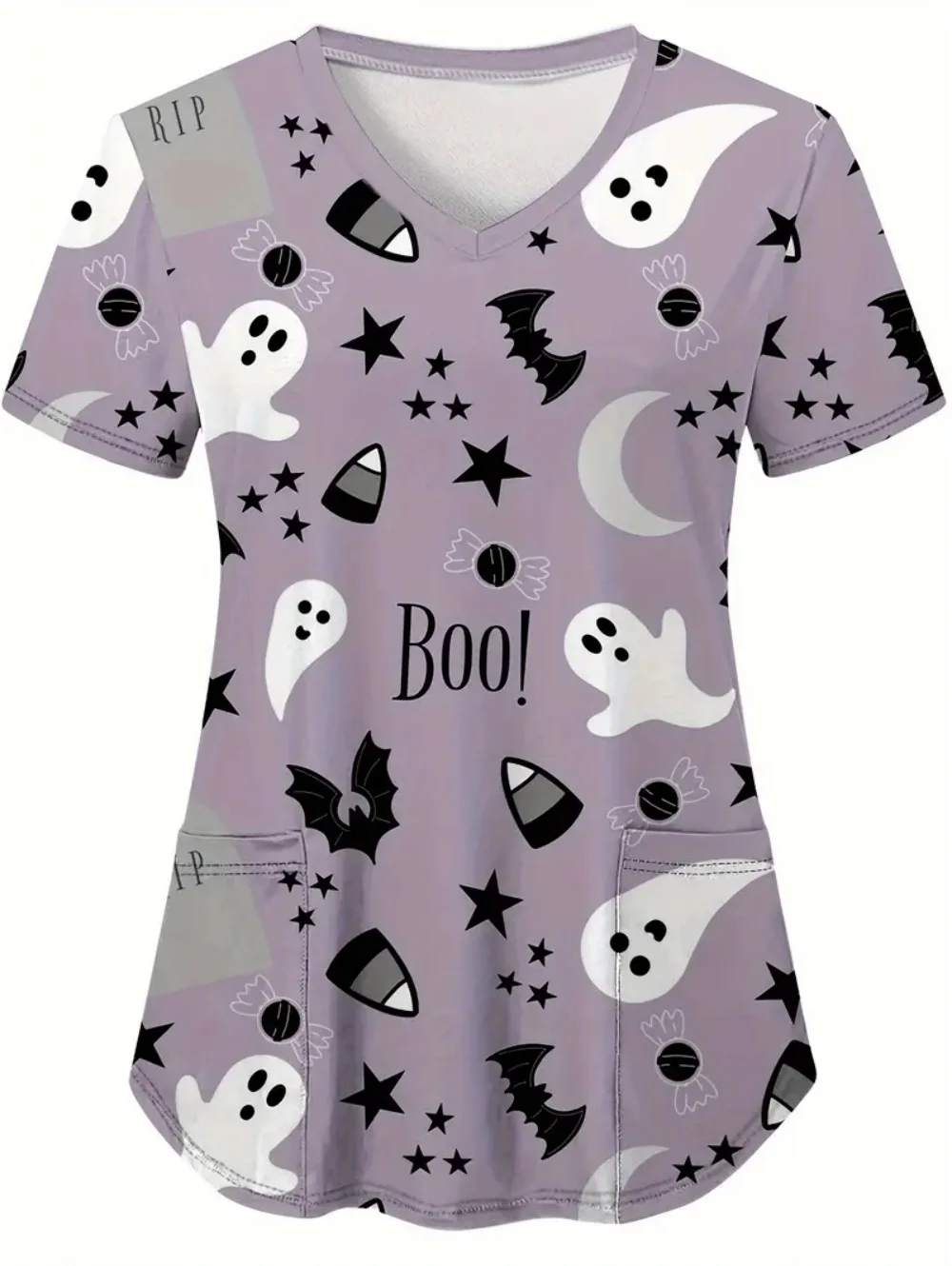 Uniformes médicaux de la série Halloween 2025 pour femmes, hauts à poches à col en v, confortable, dentiste, vétérinaire, manches courtes, uniforme de santé pour femmes