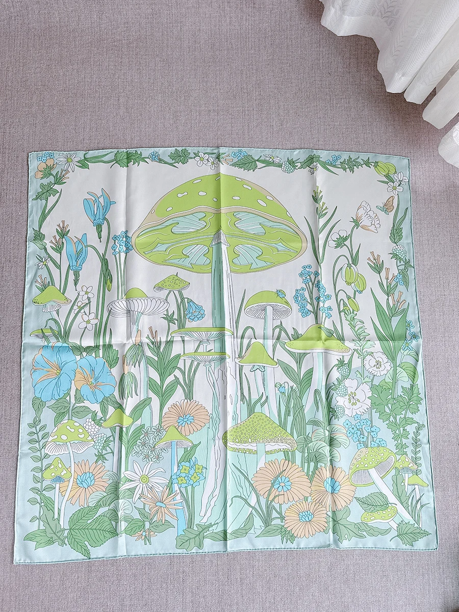 Syal Wanita Baru Kualitas Tinggi Hijau Bunga Foulard Mewah Gulung Tangan Syal Persegi Bunga 90Cm 90x90cm