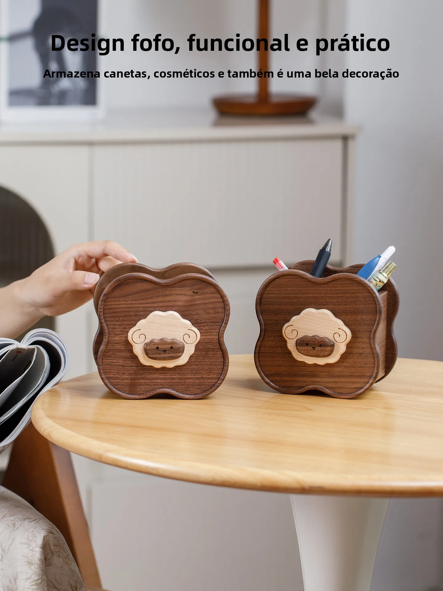 charming-wooden-lamb-pen-holder-desktop-makeup-brush-storage-decoration-high-end-elegant-walnut-wood-stationery-organizer