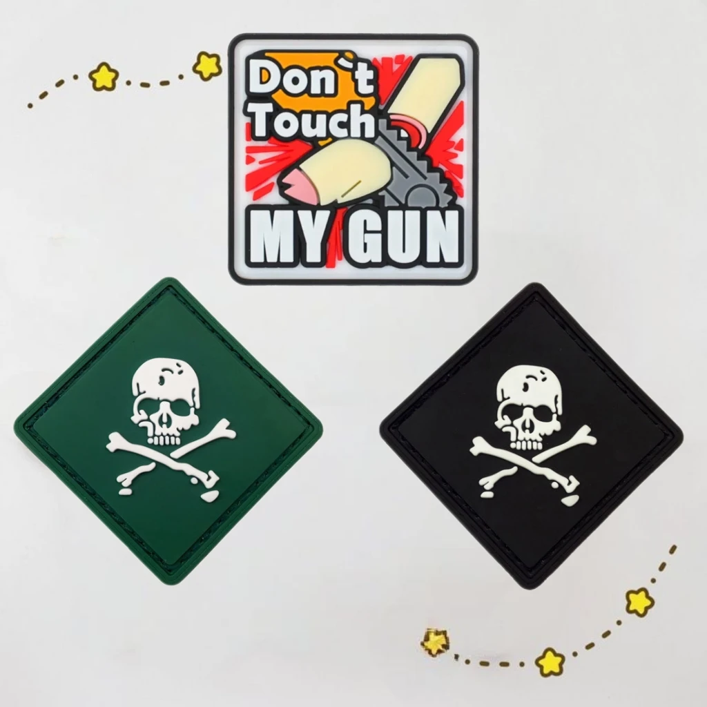 Square Skull Military 3D PVC Patch Don't Touch My Gun Stickers Tactical Hook&Loop Morale Badge Backpack DIY Patches for Clothing