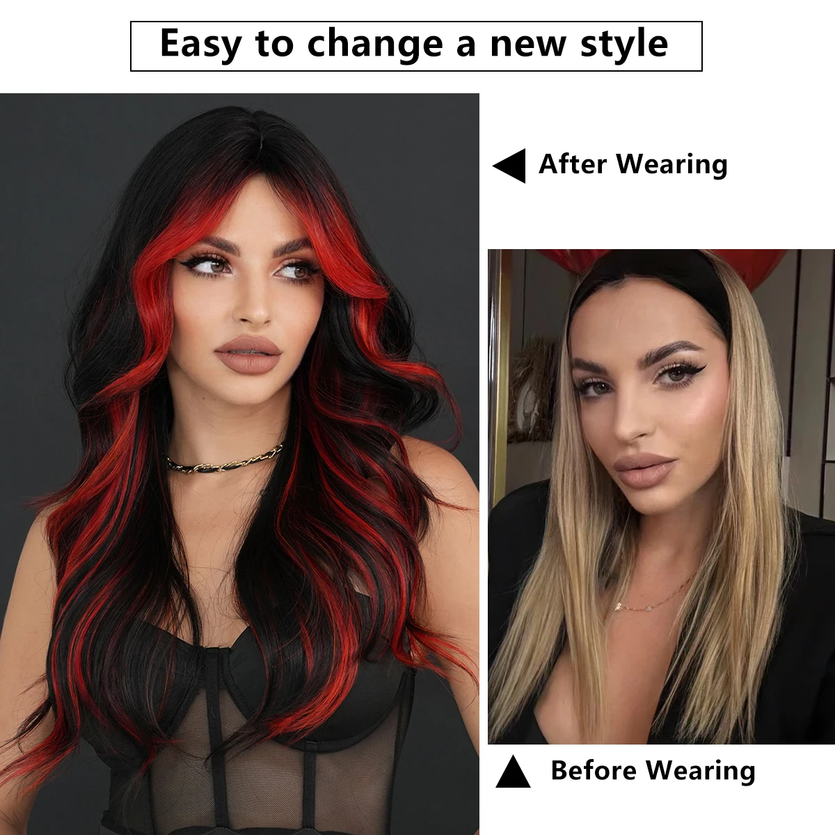 NAMM Highlight Skunk Red Wig Body Wave Synthetic Black Wig for Women Daily Party Use Highlight Red Wavy Wigs with Fluffy Bangs