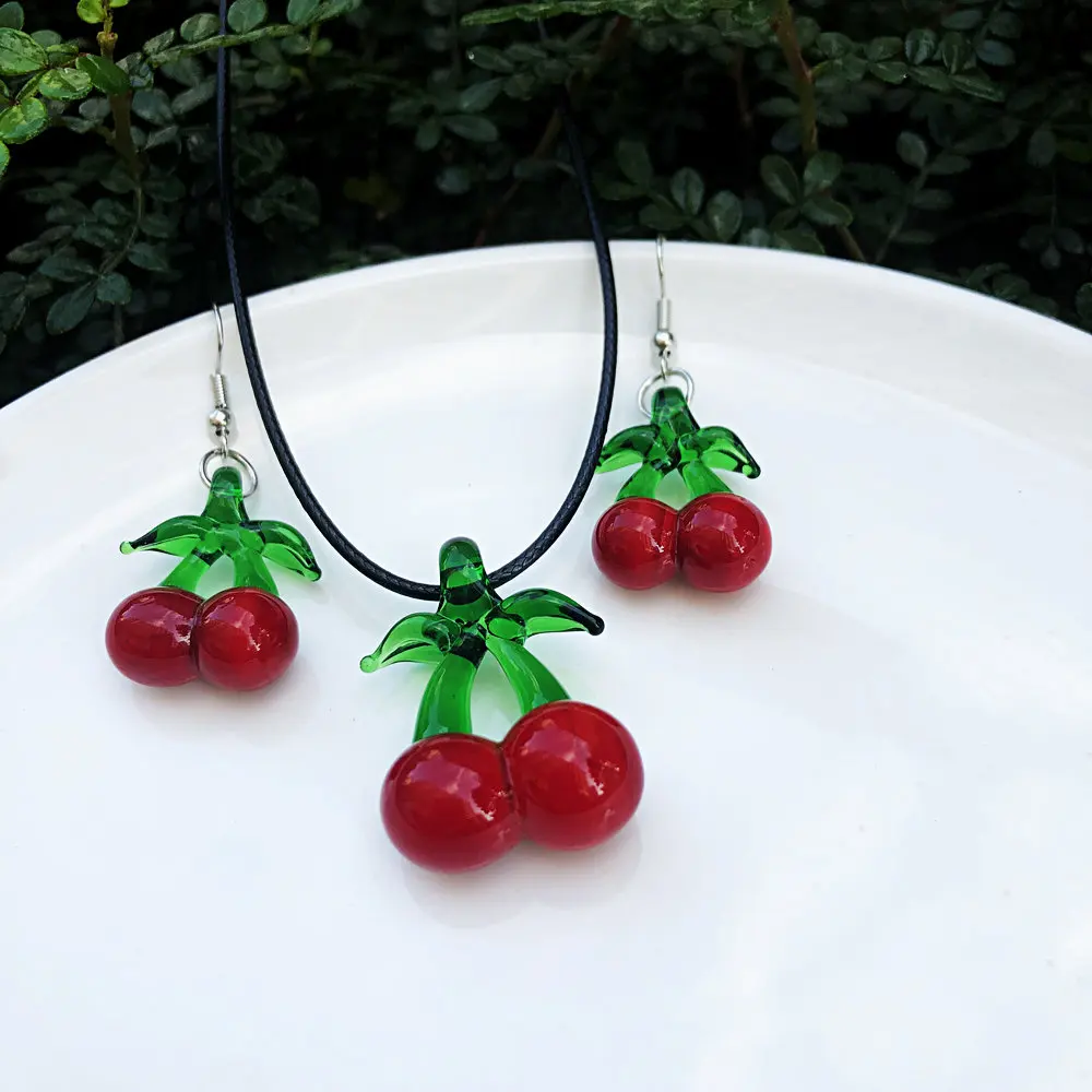 3 Sets Sweet Red Cherry Glass Jewelry Set Murano Style Cute Fruit Charm Women's Daily/Party/Gift Accessory