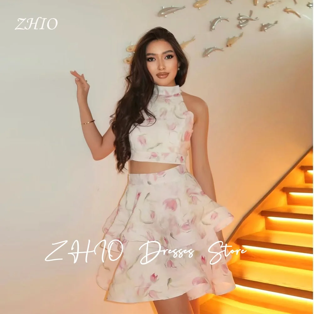 

ZHIO Elegant Floral Print 2PCS Mini Wedding Reception Gown High Neck Organza Special Occasion Birthday Party Dress Customized