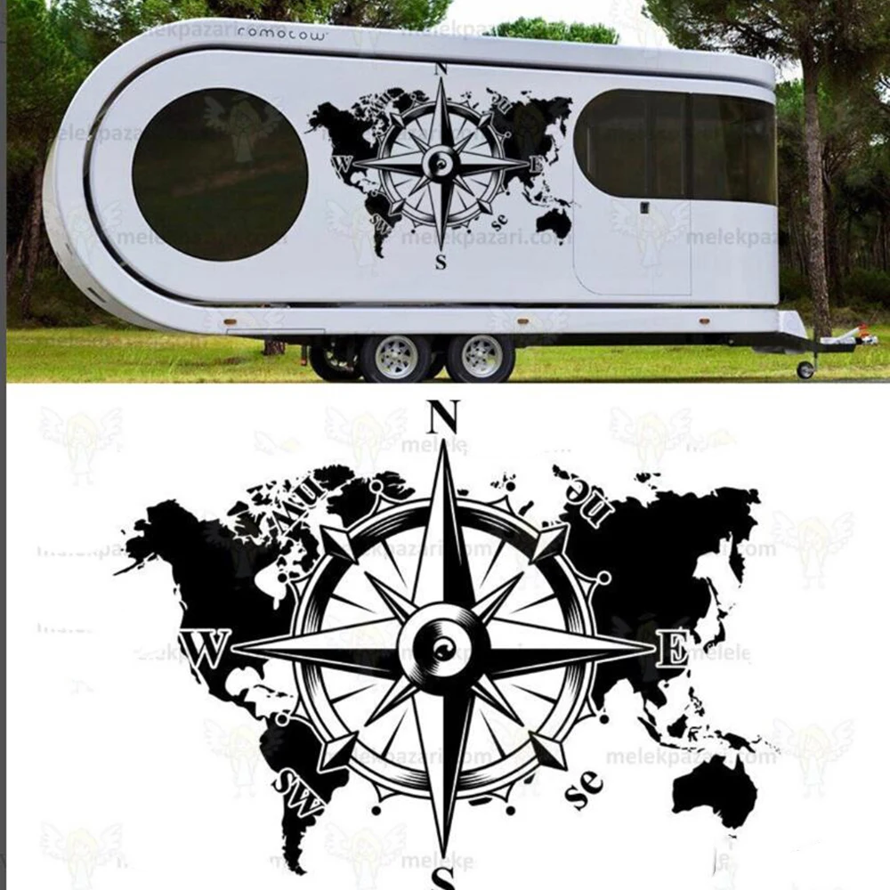 Compass World Map Caravan Car Sticker Decal Camper Rv Motorhome  Off Road Travel Adventure Truck Vinyl Decor