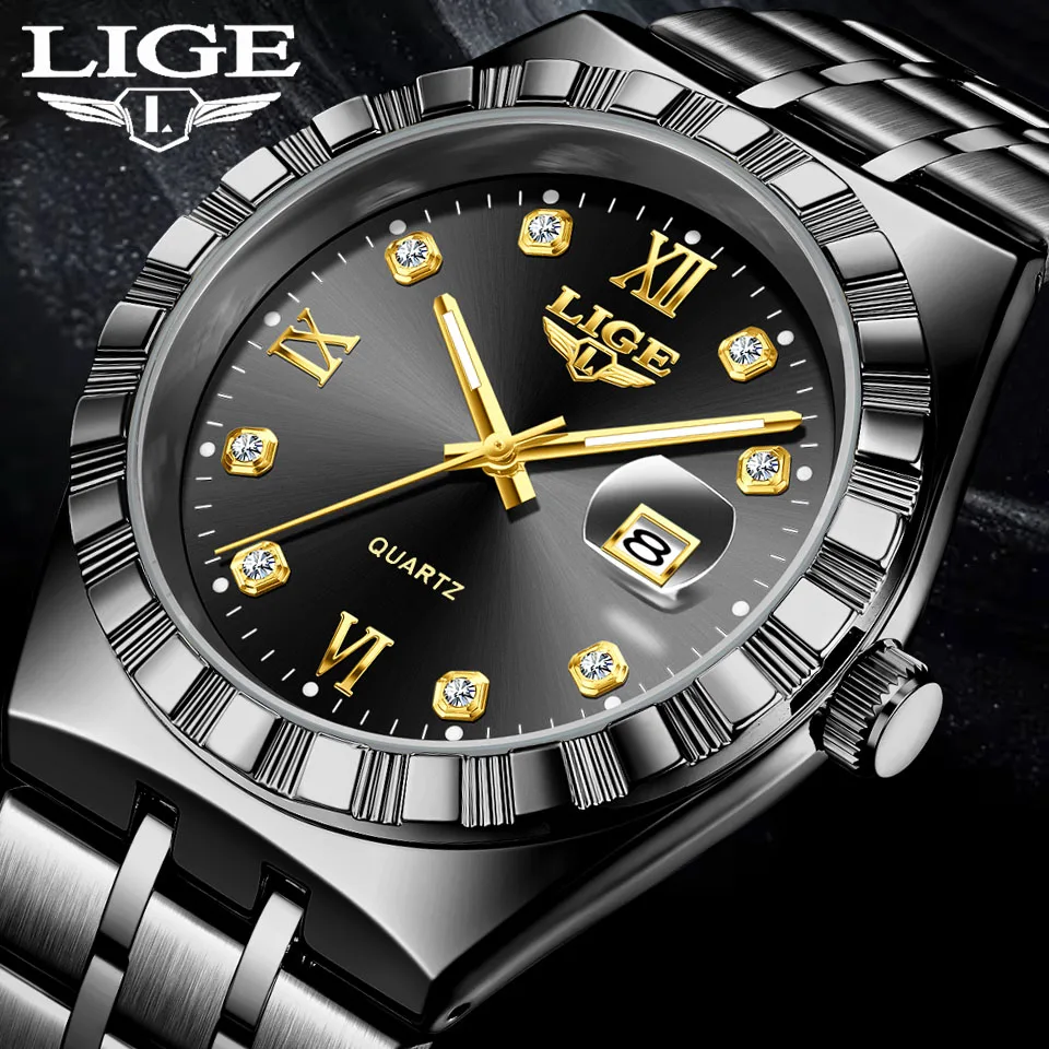 

LIGE новые кварцевые часы для мужчин, модные деловые часы, мужские спортивные черные роскошные светящиеся водонепроницаемые мужские часы из нержавеющей стали