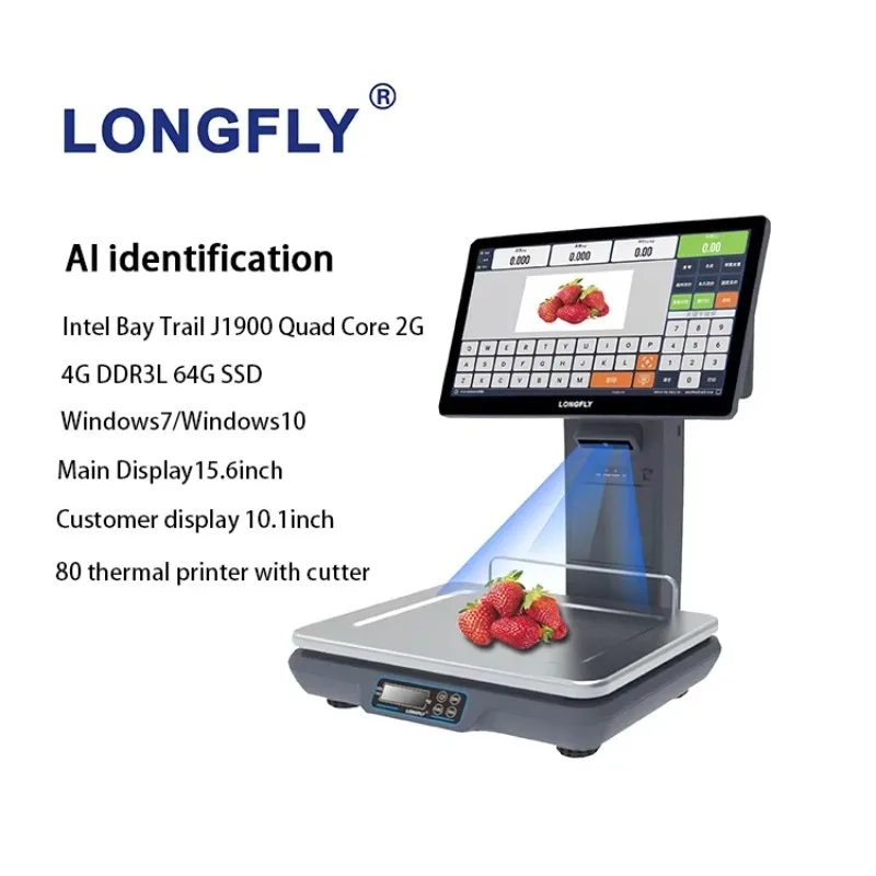 Longfly Android Digital Scale Cash Register POS Barcode Printing Label Retail POS Weighing Scale for Fruit Meat Weight Printer