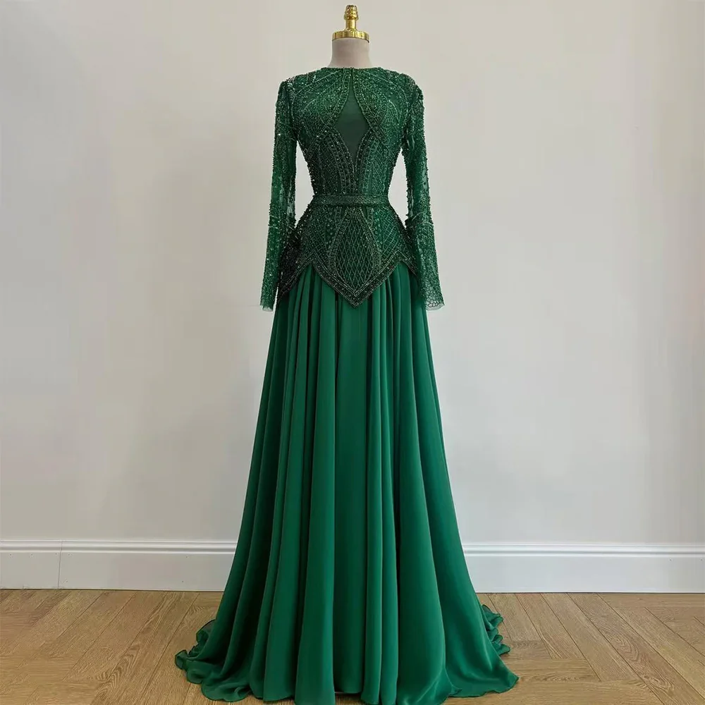 Blue Luxury Beaded Muslim Evening Dress Long Sleeve Modest Wedding Party Performance Gown 2026 Customized O-neck Evening Dress image 3
