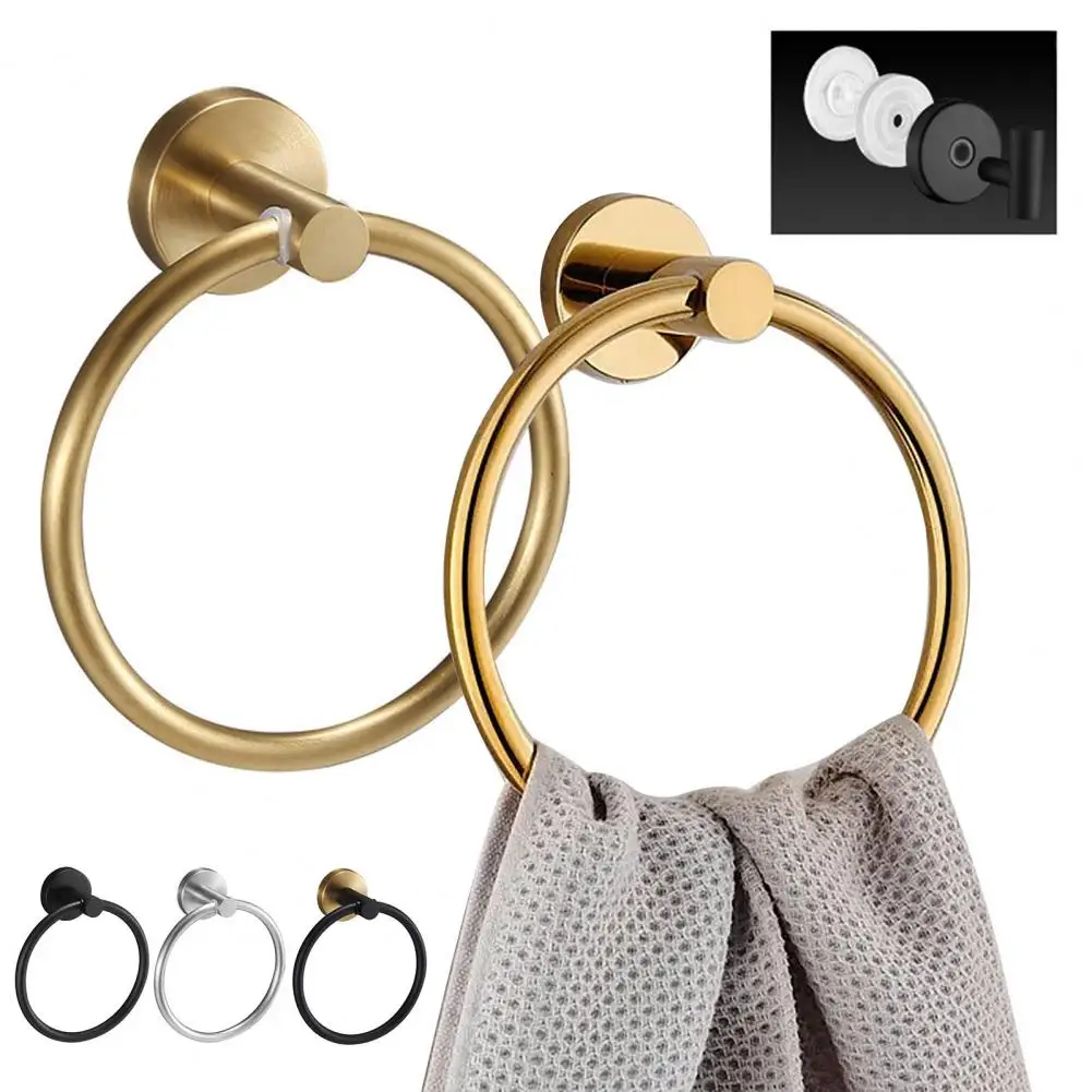 Bathroom Suction Cup Towel Ring Wall-Mounted Metal Holder Solid Color Easy to Install Bathroom Hand Towel Holder Hanger Hook