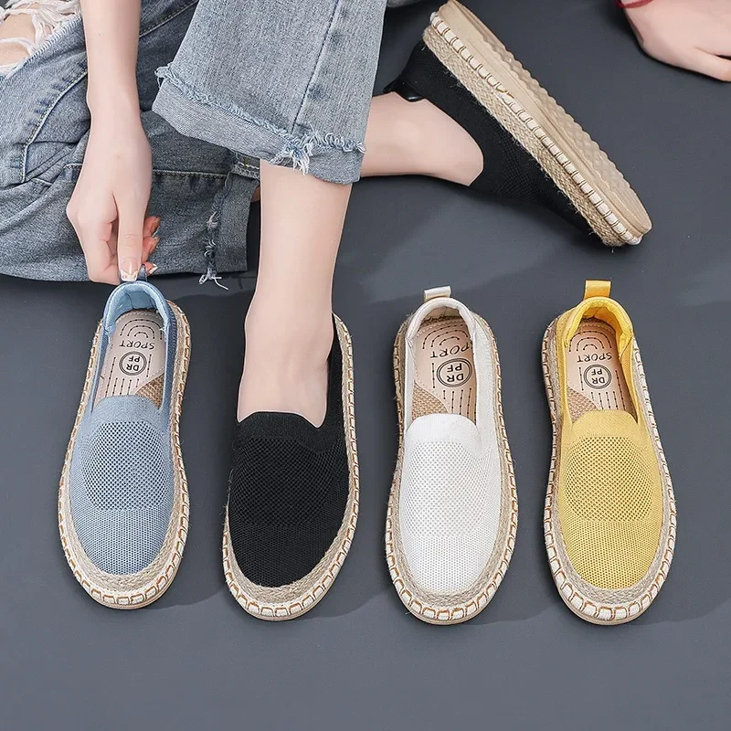 Espadrilles New Women's Shoes Linen Flats Fashion Knitted Mesh Fabric Hemp Loafers Slip-on Casual Cloth Shoes Females Sneakers