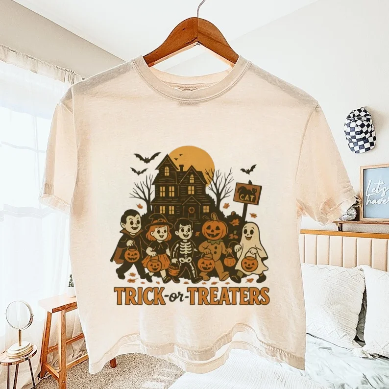 

Осенняя женская футболка с принтом на Хэллоуин и круглым вырезом, повседневная популярная универсальная милая белая женская футболка с героями мультфильмов