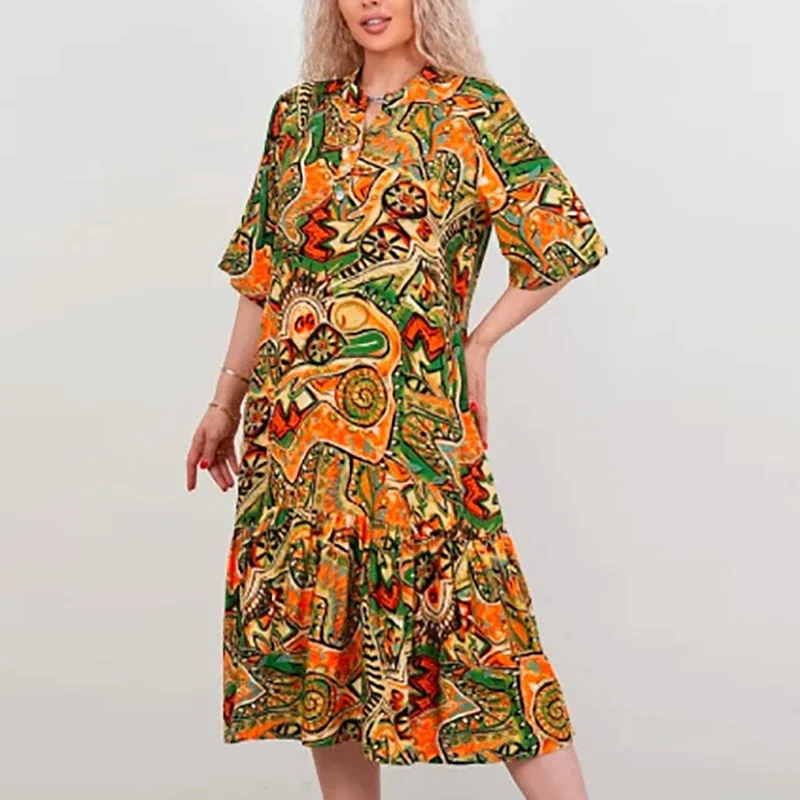 プラスサイズワンピース 夏 カジュアル Vネック 半袖 ゆったり ビーチ ホリデー レディース ゆったり パーティー ミディ丈ワンピース ボヘミアン