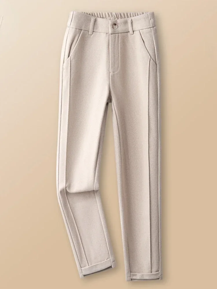 Nuevos pantalones de lana de invierno para mujer, pantalones Harem de cintura alta elásticos cálidos gruesos en espiga, pantalones holgados de moda negros hasta el tobillo