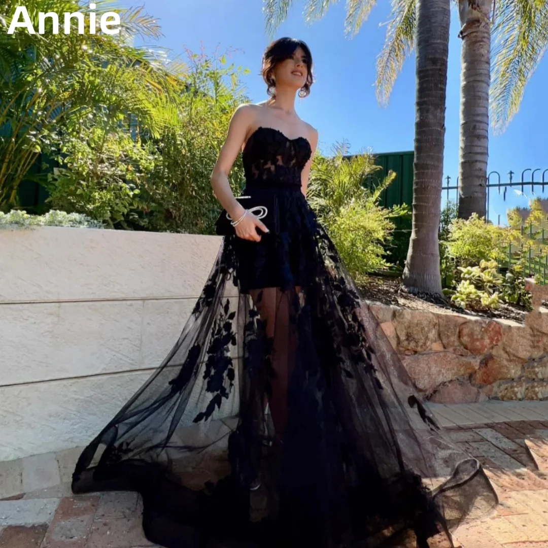 Annie Black Prom Dress Lace Embroidered Tulle Evening Dresses Elegant Lady Wedding Formal Occasions Dresses Robes De Soirée2024