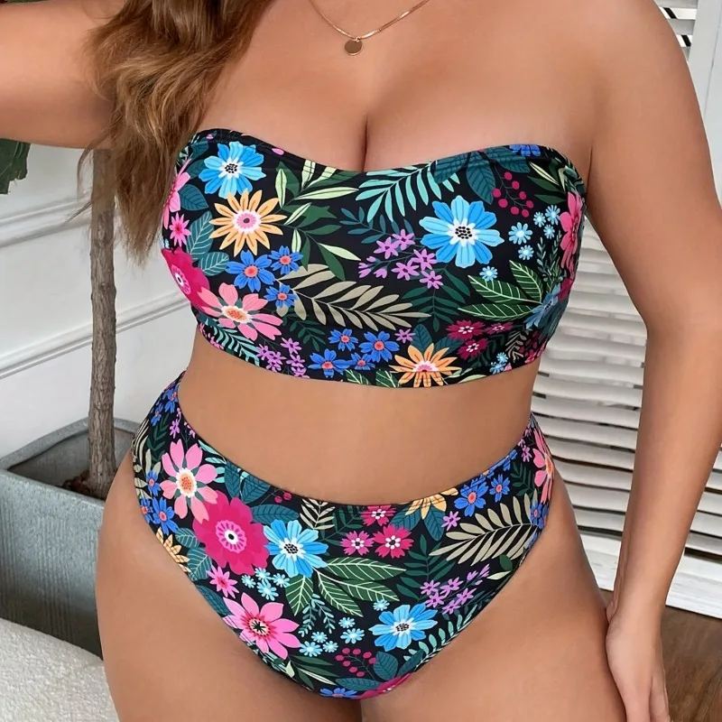 

Swimwear Woman Plus Size Split Bikini High Waist Gathered Hollow Strapless Swimsuit Flower Bikinis Women's Two-piece Swimsuit