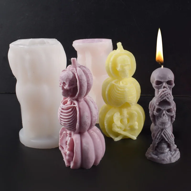 New Mould Home Decor Halloween Pumpkin Skull Candle Silicone Mold DIY Triple Skull Pumpkin Plaster Irregular Ornament Molda