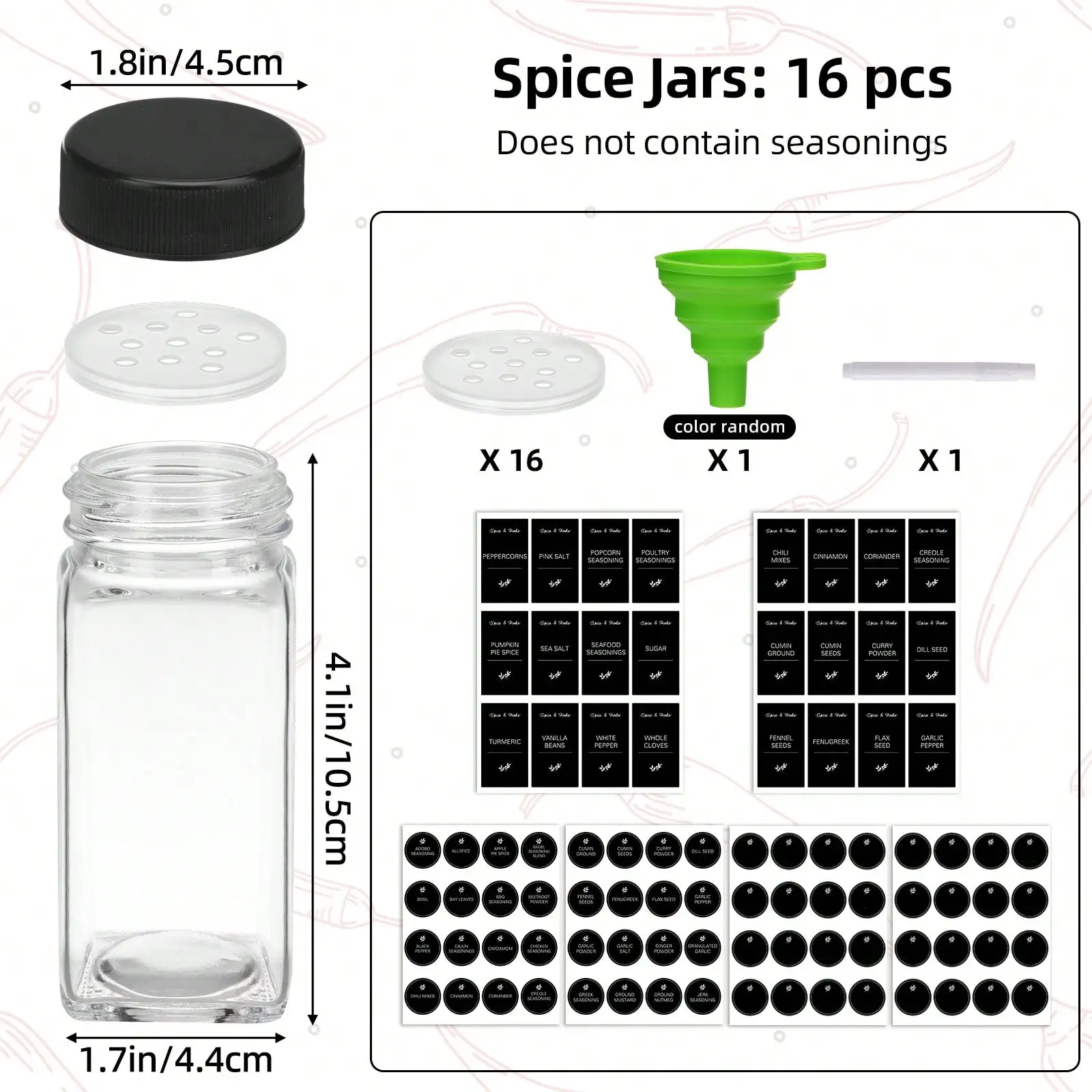 16/24‑Pack 4oz Square Glass Spice Jars with Black Metal Lids, Airtight Seasoning Containers with Shaker Lids & Labels, Kitchen Pantry & Countertop Storage Organizer