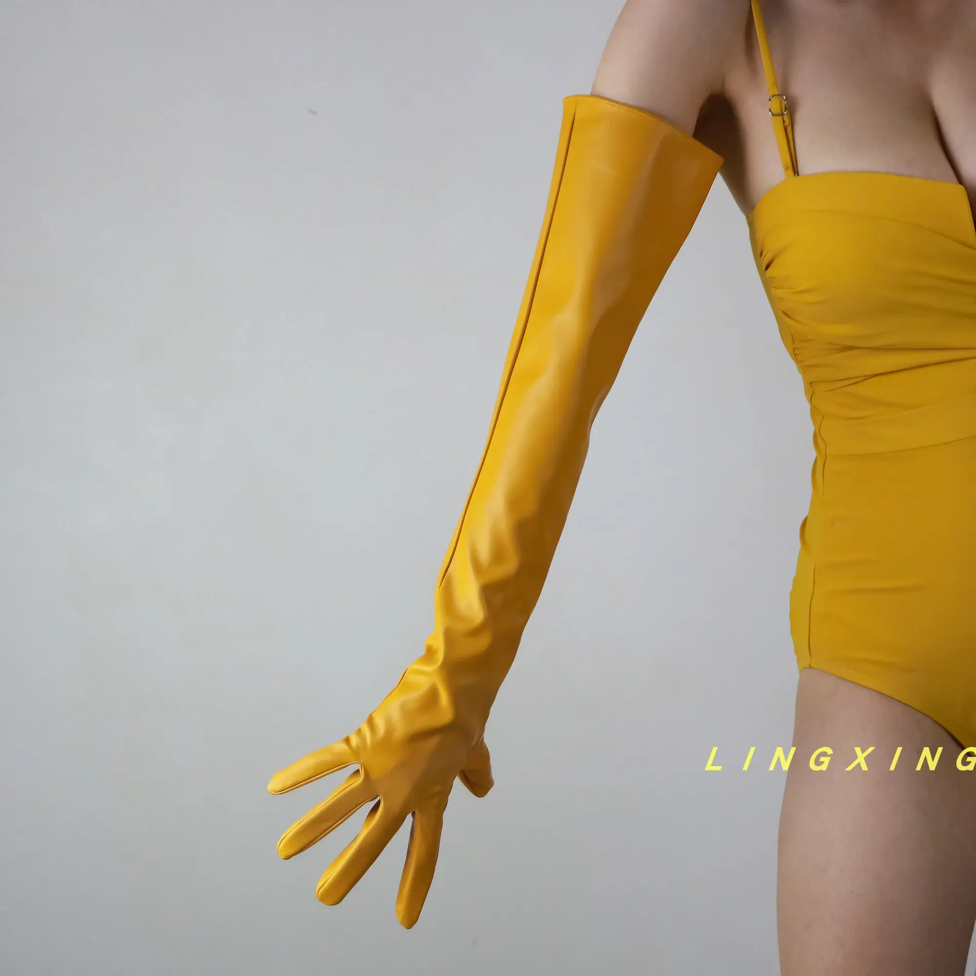 60 cm lange Handschuhe aus glänzendem Kunstleder, PU, Opera Golden Gold-Beschichtung, für Damen, elegant, sexy, luxuriös, modisch, winddichte Handschuhe – Detail 25