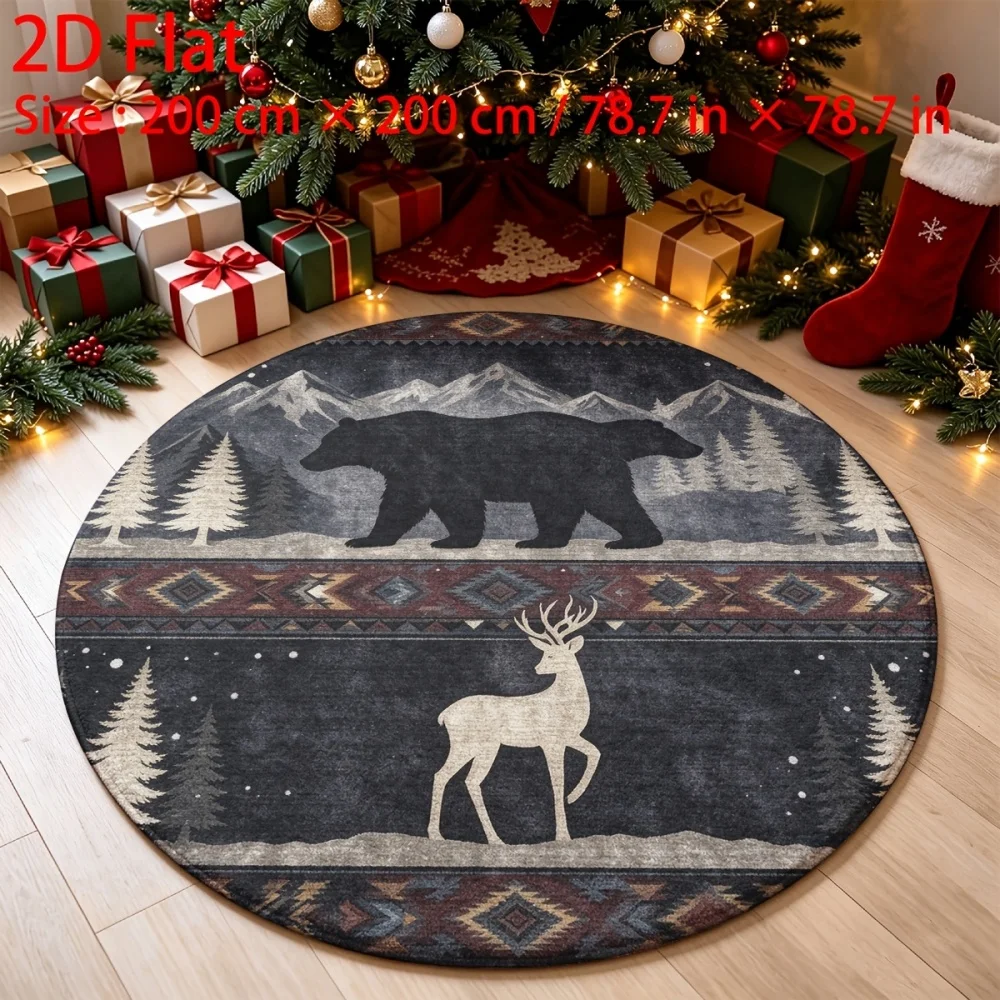 Round Rug Christmas Bear Deer Silhouette 2D Large  Area  Rug  200cm  Carpet  for  Living  Room Bedroom Festive Home Decor