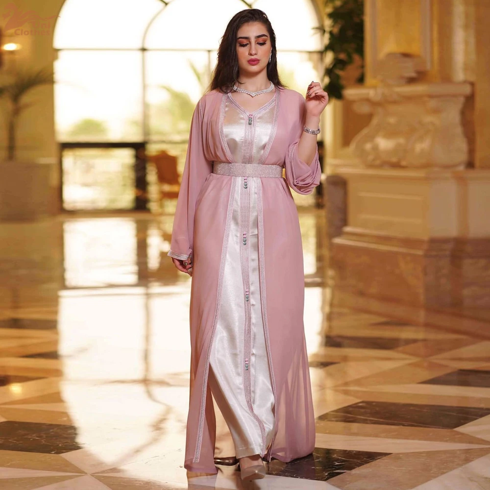 

Two Pieces Abaya Set Women Vest Long Dress with Chiffon Outerwear Mubarak Eid Muslim Moroccan Caftan Arabic Oman Dubai Jalabiya