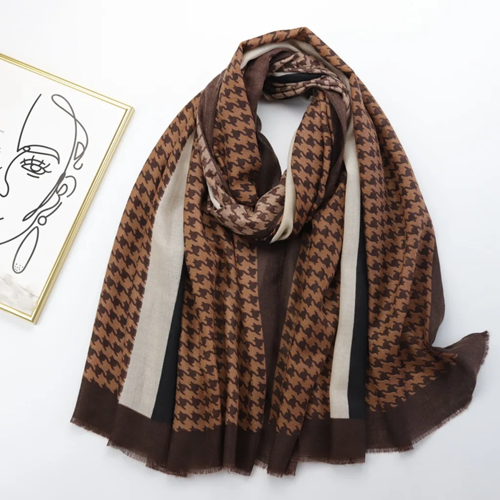 2022 Newest Women Geometry Houndstooth Leaf Printed Pattern Scarf Cotton Voile Scarf Shawls 9prints