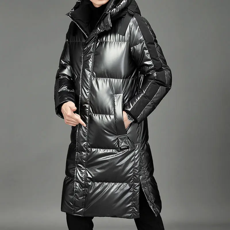 Men Winter Down Jacket Long Parka Coat White Duck Down Coat Men Outwear Fashion Glossy Jacket Hooded Thick Warm Overcoat