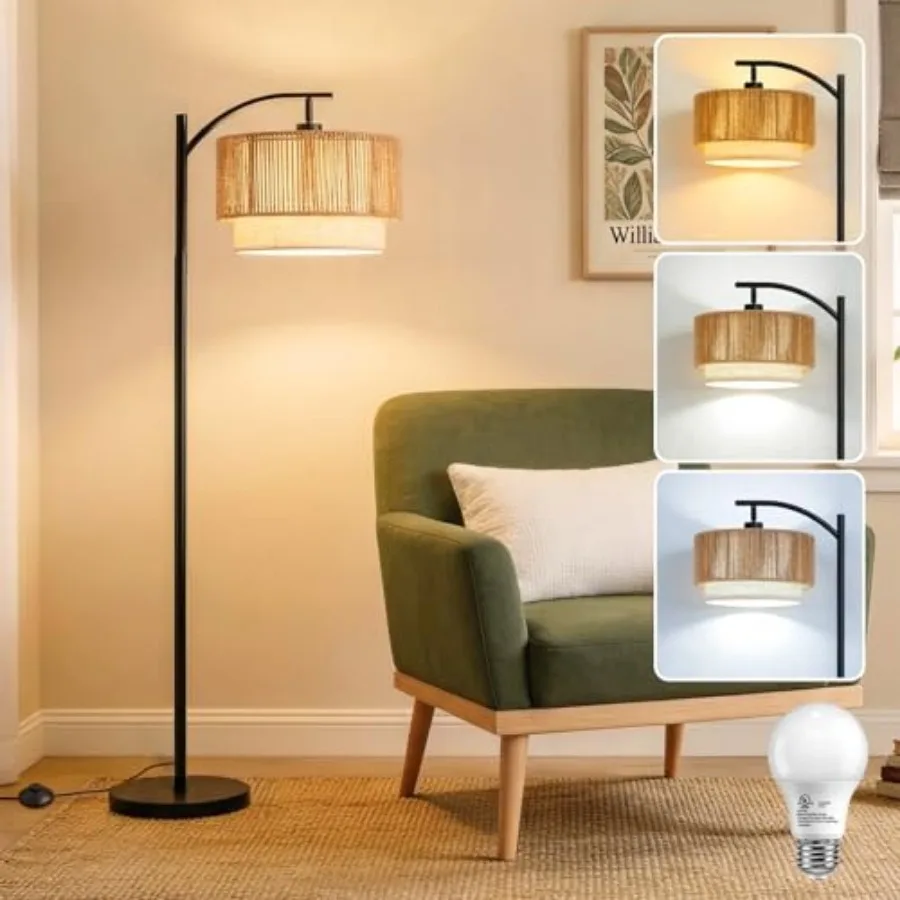 

Floor Lamp for Living Room with 12W LED Bulb Arc Floor Lamp 3 Color Temperatures Standing Floor Lamp with Boho Rattan and Fabri