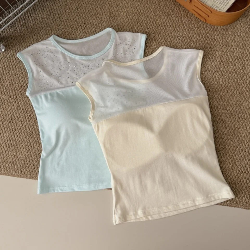 Summer New Style Spicy Girl Mesh Sequin Splice Sleeveless Vest Women's Slim Short Fixed Belt Chest Pad Versatile Nylon Tank Top