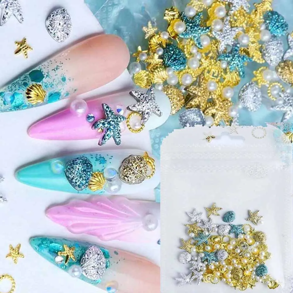 80-100 Uds. Remache de uñas de estrella de mar/conchas de mar de aleación mixta 3D, abalorios de uñas de concha de Metal de océano de verano, piezas de manicura DIY de estrella de mar