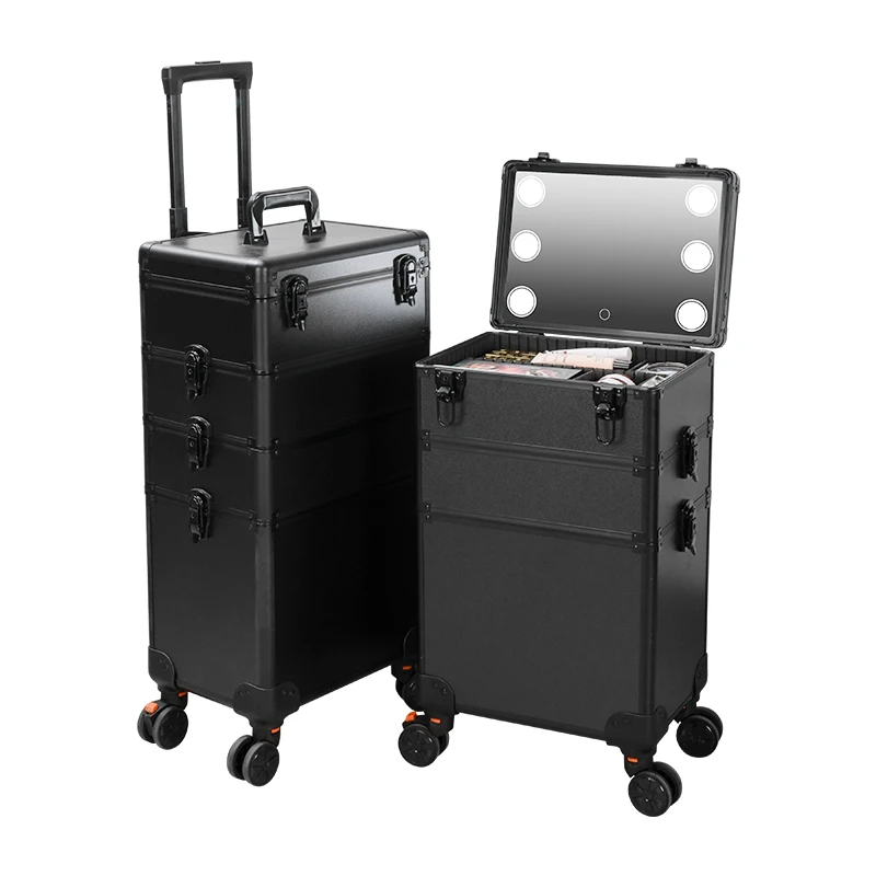 4 in 1 Makeup Rolling Train Case with Mirror of LED Lighted 3 Color Setting, Professional Cosmetology Trolley with Keys