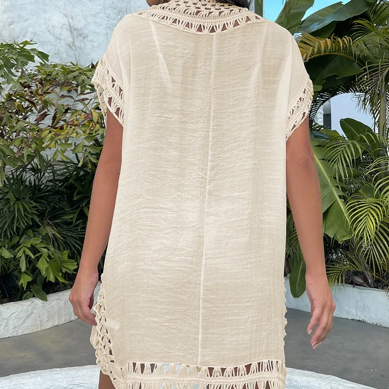Costume da bagno da donna con scollo all'uncinetto per le vacanze estive, copricostume, sexy, casual, tinta unita, abito corto, protezione solare da spiaggia