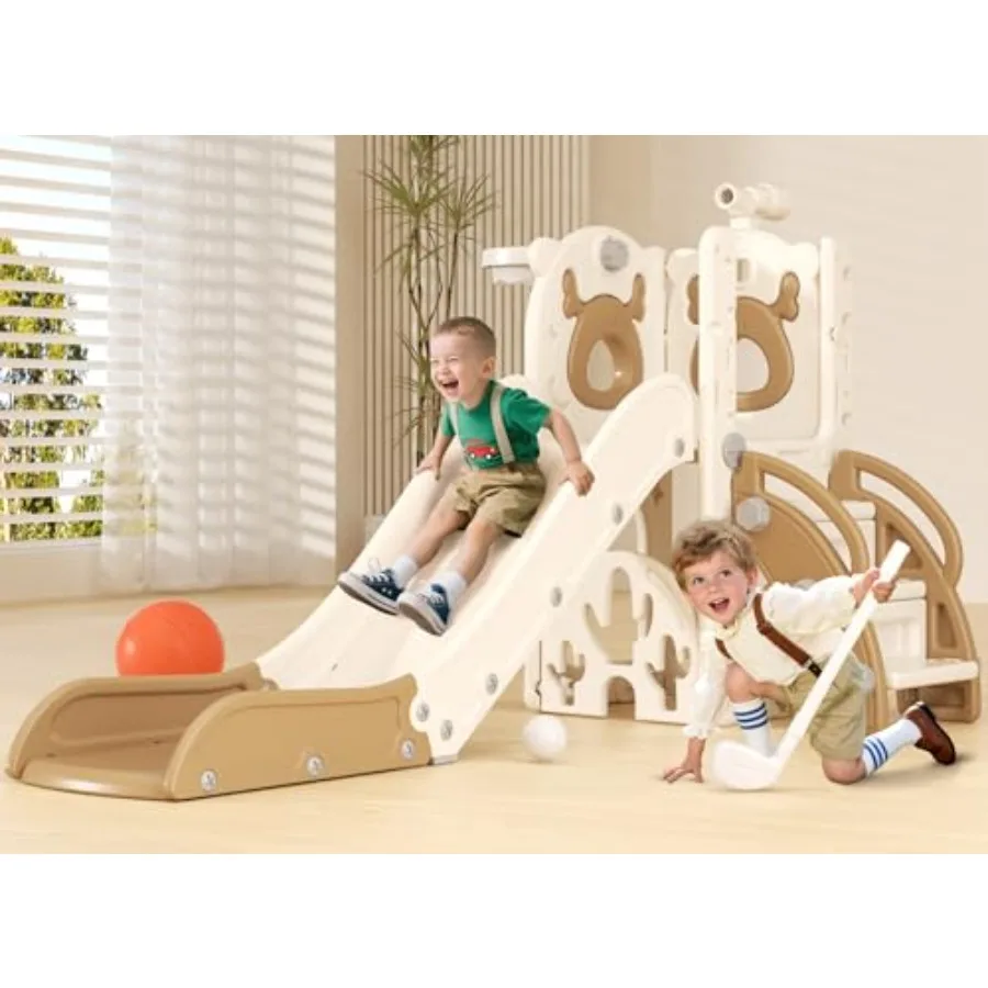 

Indoor toddler slide for ages 1-3, white and brown plastic, upgraded with golf and basketball hoop, versatile indoor-outdoor pl