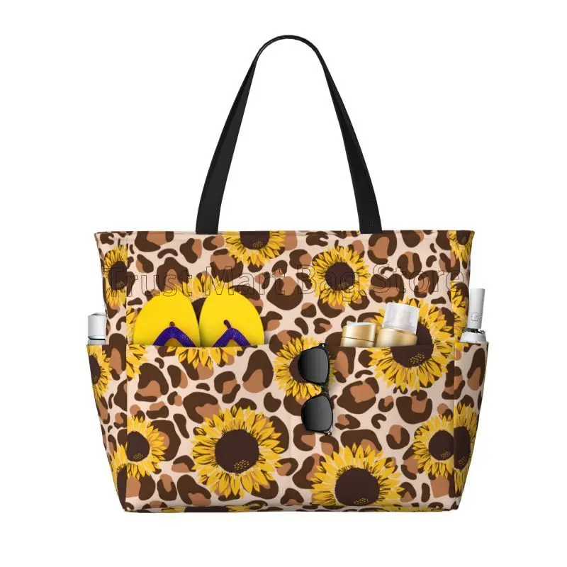 Sunflowers Leopard Print Large Waterproof Beach Bag Women Portable Travel Bag Sandproof Pool Tote Bags for Travel Vacation Swim