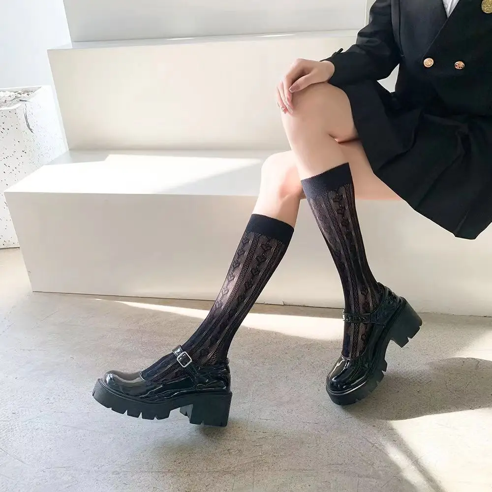 Damskie letnie wiosenne bawełniane skarpetki Cienkie białe Lolita Lace Stocking Black Jk Bow Sweet Mid-leg Calf Socks Sweet Style Girls Gift