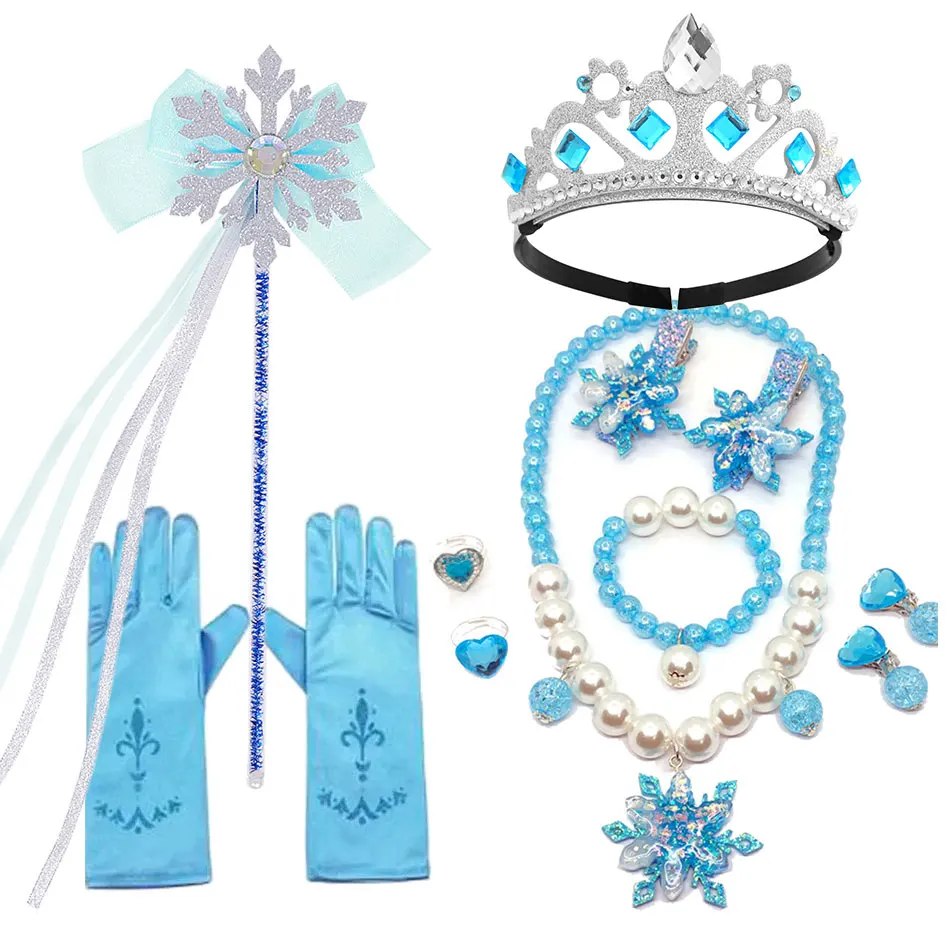 Kids Princess Cosplay Costume Plastic Crystal Tiara Snowflake Jewelry Necklace Earrings Kit Girl Elsa Anna Party Dress Accessory