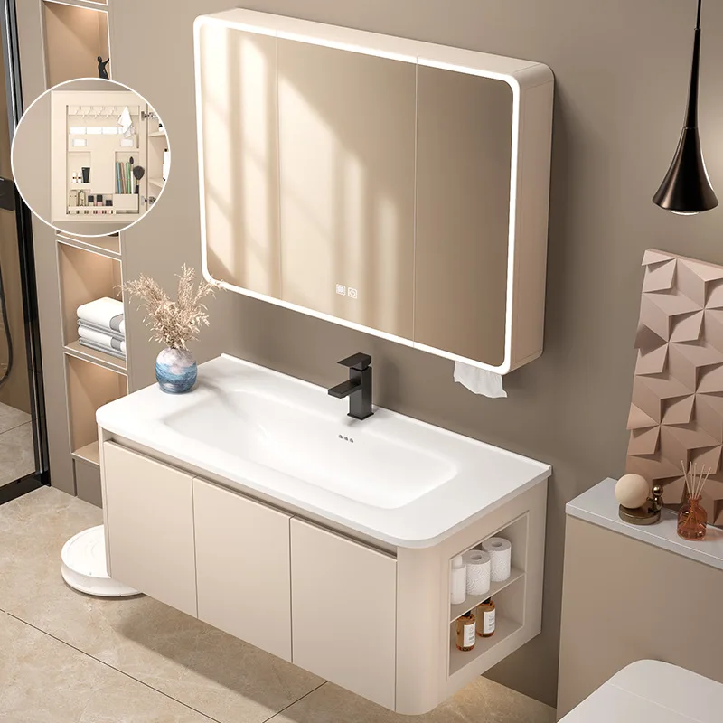 Bathroom vanity with side cabinet, integrated ceramic washbasin and sink