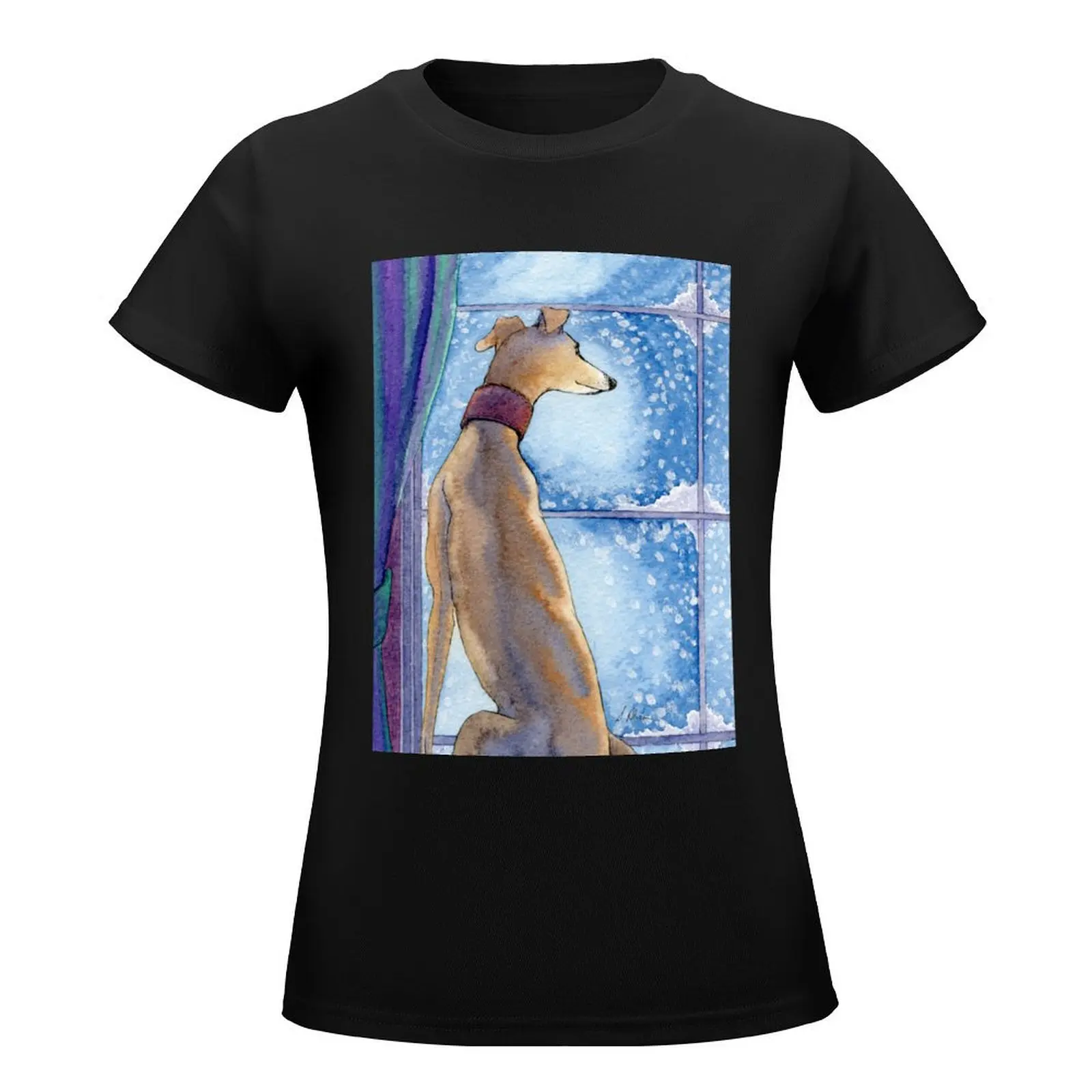 Greyhound dog sits in the warm watching the snow fall outside T-Shirt tees summer top western t shirts for Women